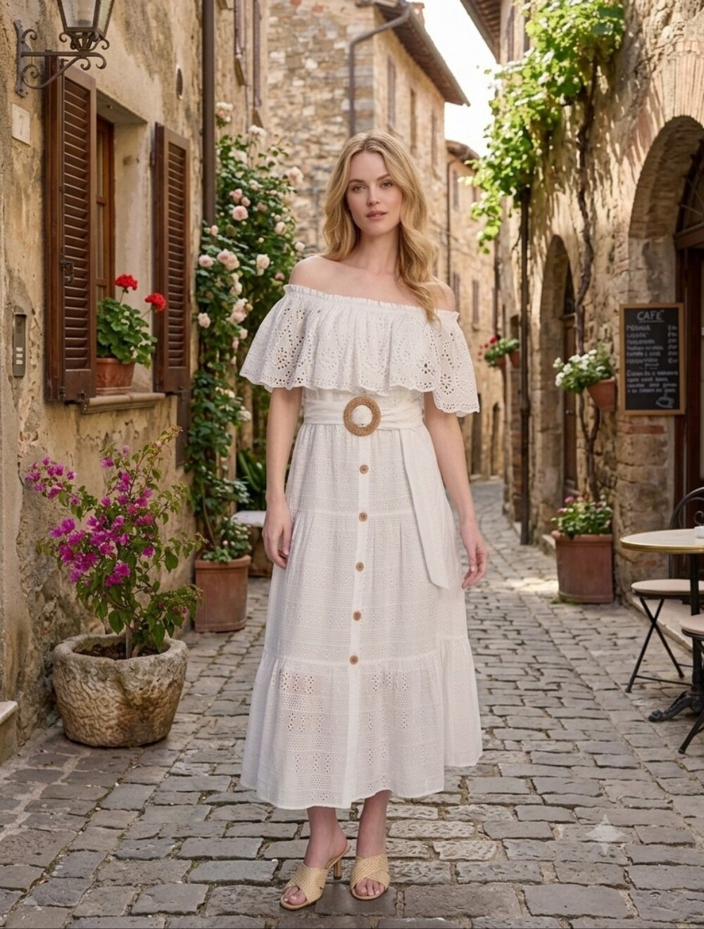 Eliza J Ivory White Off-Shoulder Eyelet Boho Cotton Midi Long Dress Belted Sz 4 - Picture 6 of 15